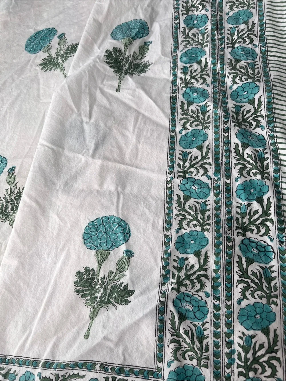 Block Print Cotton Coverlet Bedspread 108” x 98” White Turquoise Floral Marigold
